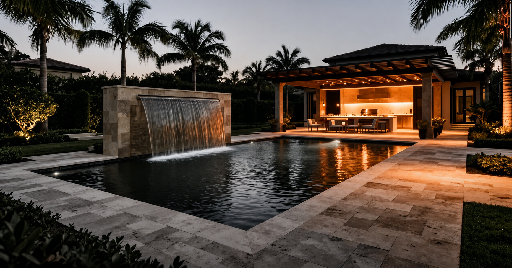 Luxury Fort Worth backyard at twilight with custom pool, water wall, and covered outdoor kitchen