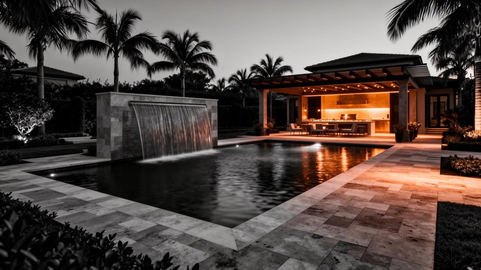 Luxury Fort Worth backyard at twilight with custom pool, water wall, and covered outdoor kitchen